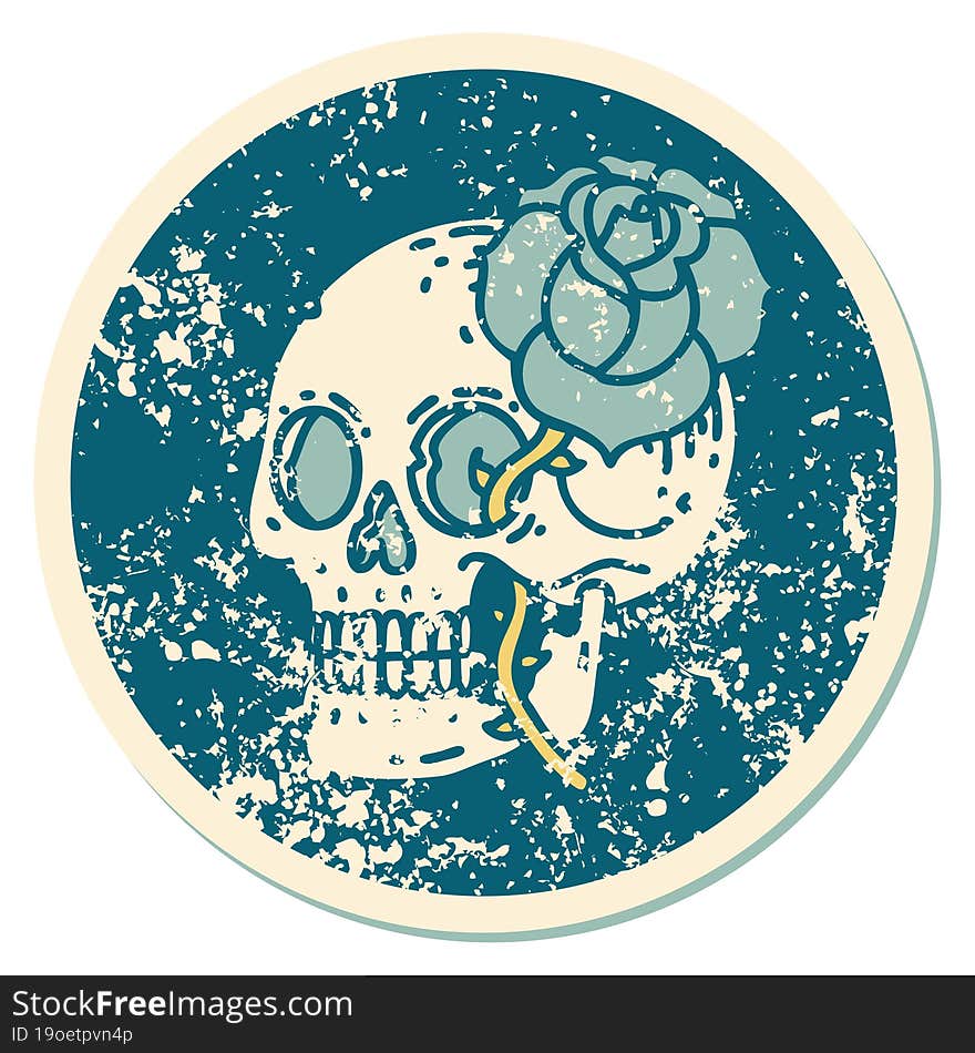 distressed sticker tattoo style icon of a skull and rose