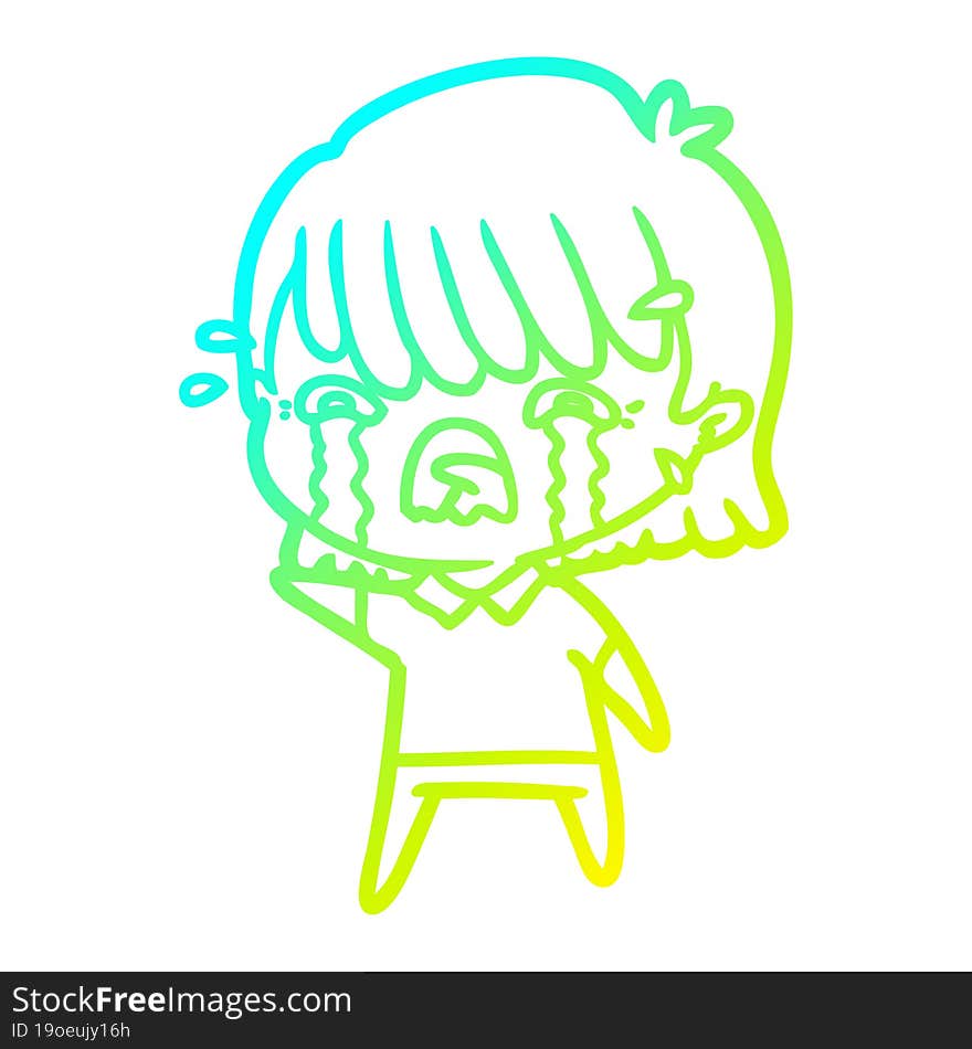 cold gradient line drawing of a cartoon girl crying