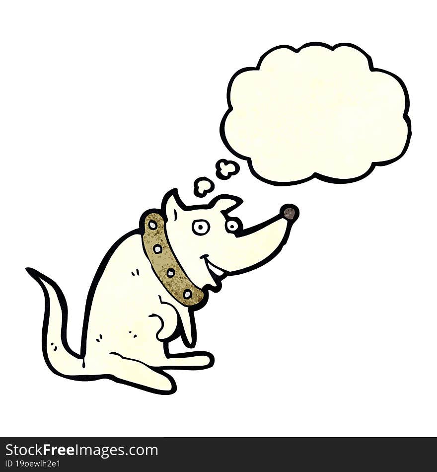 cartoon happy dog in big collar with thought bubble