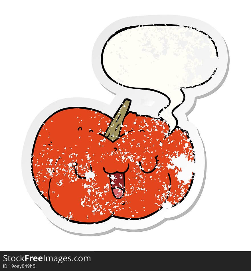 cartoon pumpkin with speech bubble distressed distressed old sticker. cartoon pumpkin with speech bubble distressed distressed old sticker