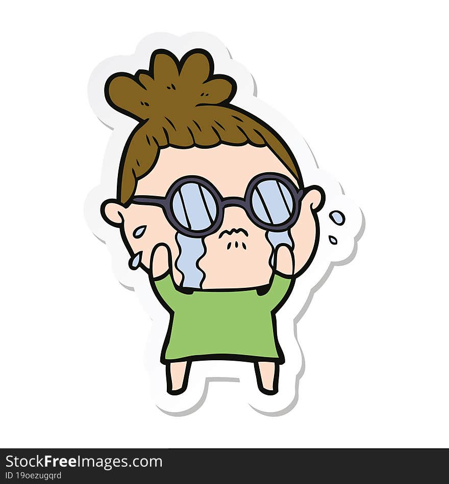 sticker of a cartoon crying woman wearing spectacles