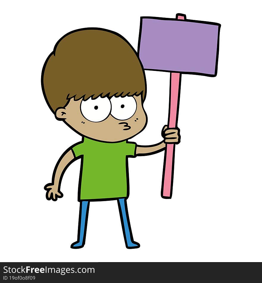 nervous cartoon boy holding placard. nervous cartoon boy holding placard