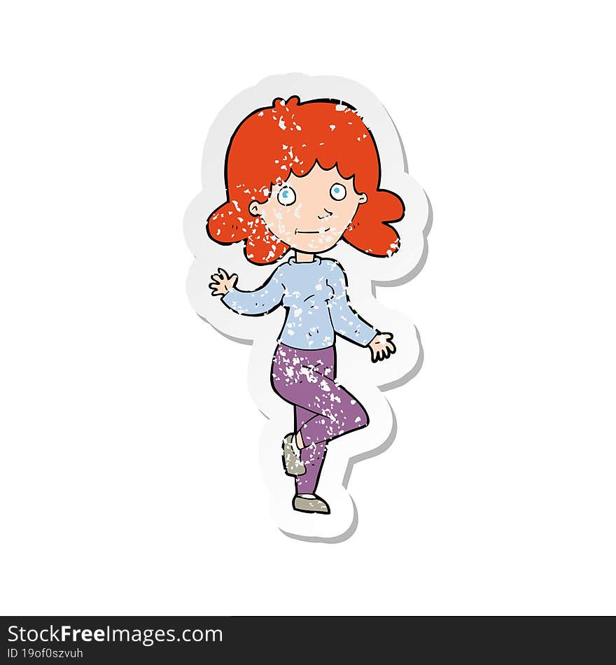 retro distressed sticker of a cartoon friendly woman waving