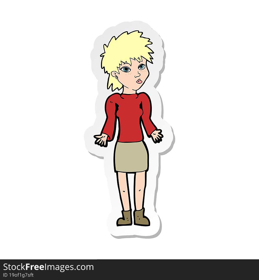 sticker of a cartoon woman shrugging shoulders