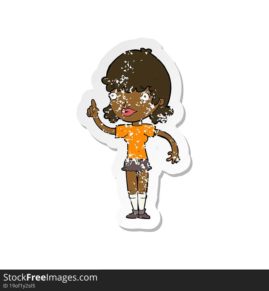 retro distressed sticker of a cartoon woman with idea