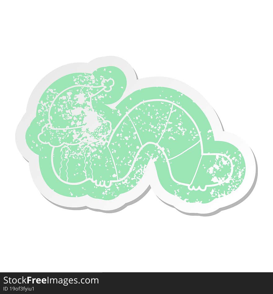 Cartoon Distressed Sticker Of A Caterpillar Obsessing Over His Regrets Wearing Santa Hat