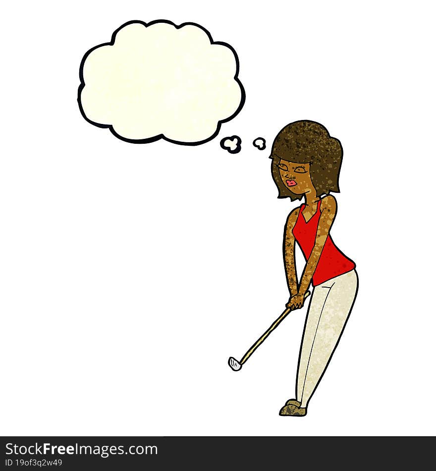 Cartoon Woman Playing Golf With Thought Bubble