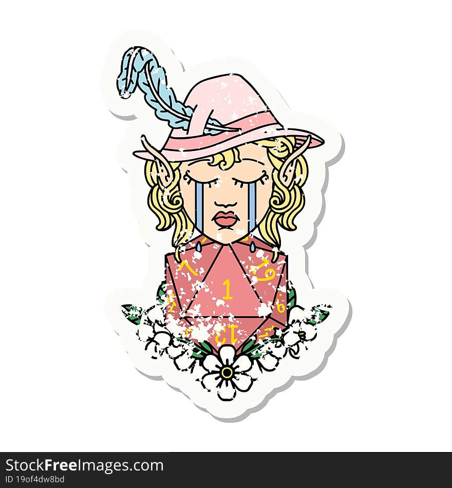 crying elf bard character with natural one D20 roll grunge sticker