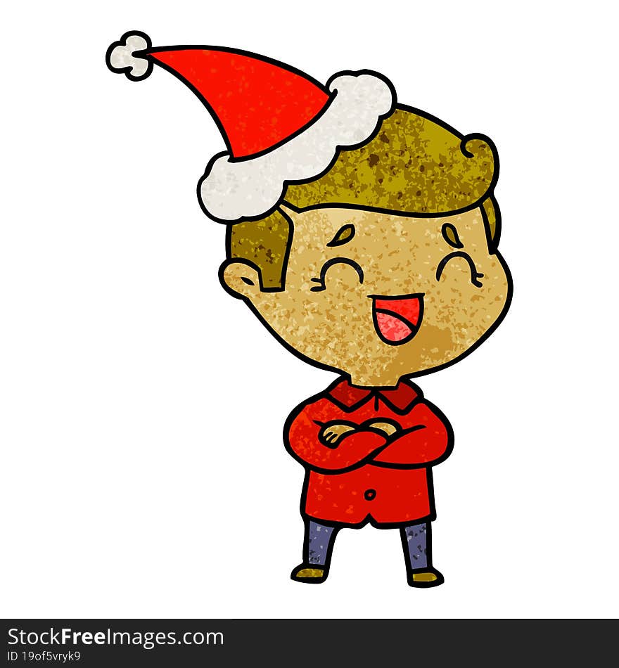 hand drawn textured cartoon of a laughing man wearing santa hat