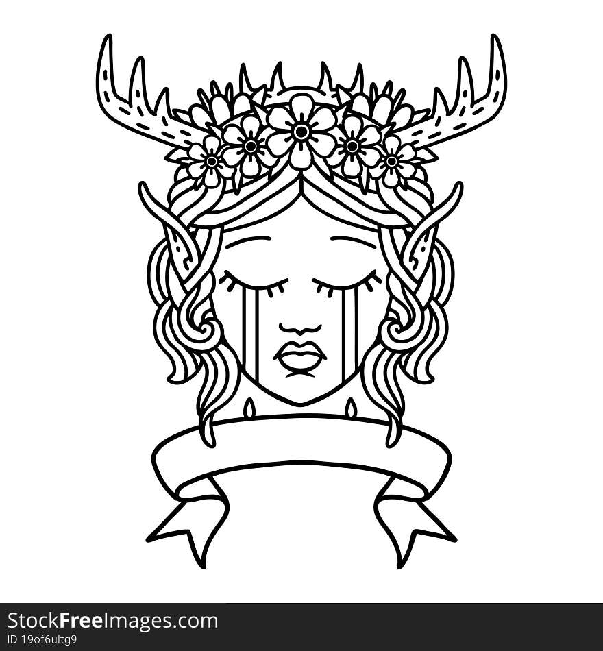 Black and White Tattoo linework Style elf druid character face with banner. Black and White Tattoo linework Style elf druid character face with banner