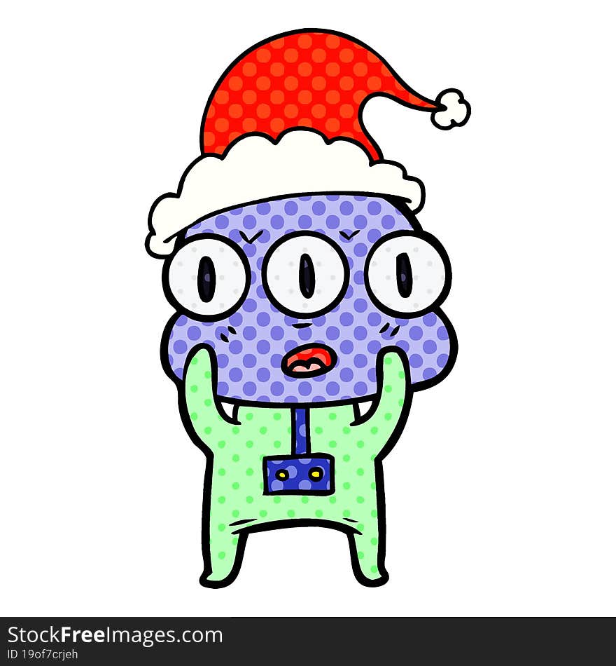 comic book style illustration of a three eyed alien wearing santa hat