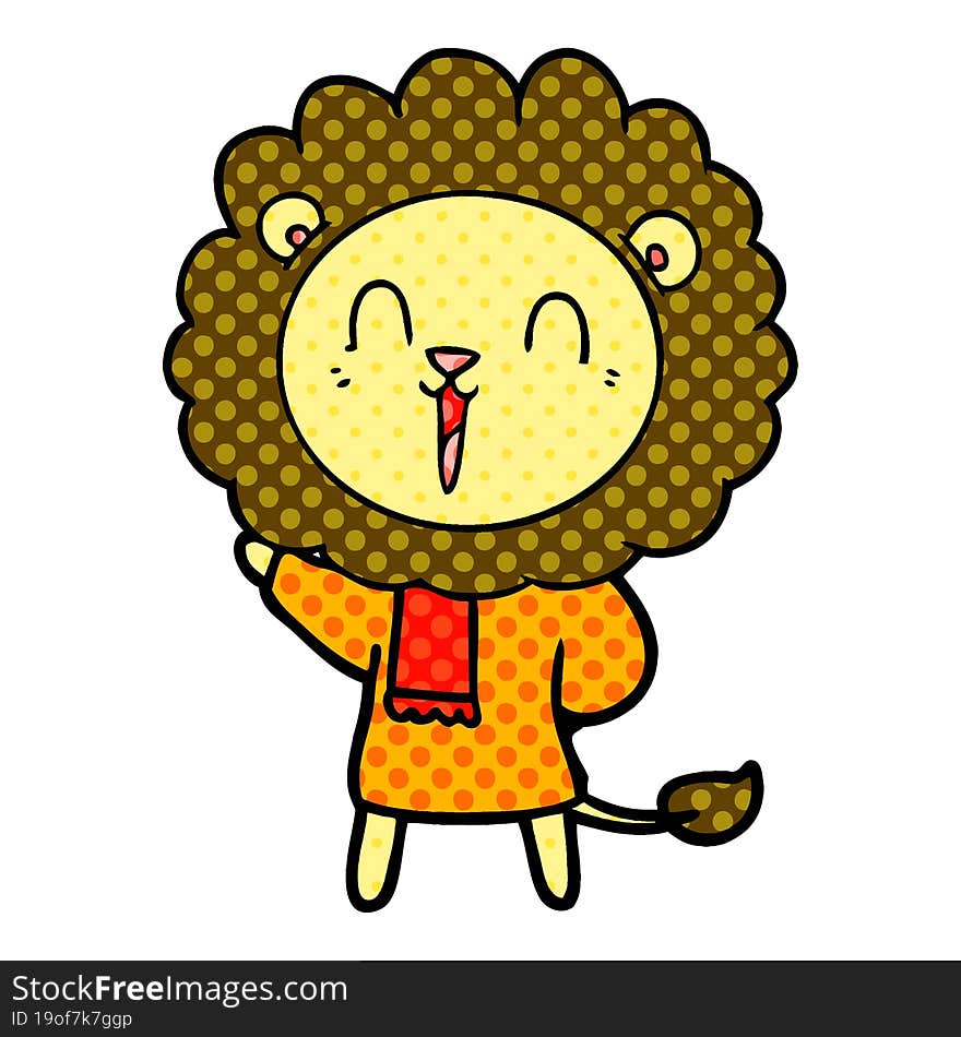 laughing lion cartoon in winter clothes. laughing lion cartoon in winter clothes