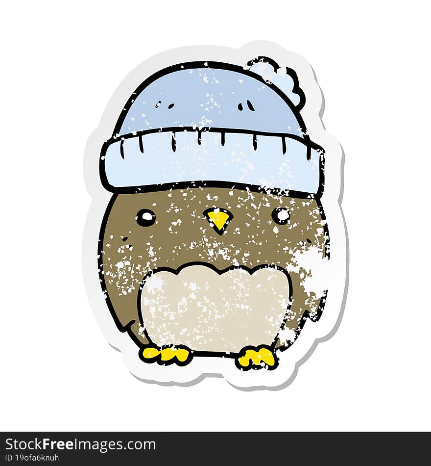 Distressed Sticker Of A Cute Cartoon Owl In Hat