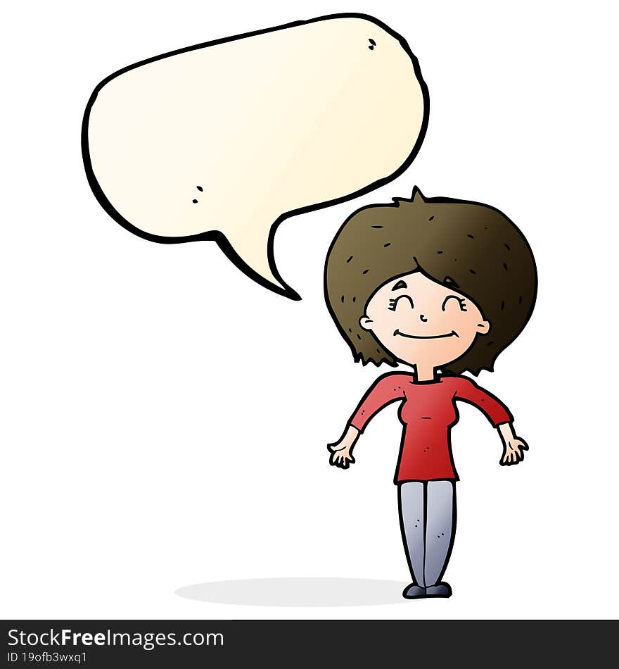 cartoon woman shrugging shoulders with speech bubble