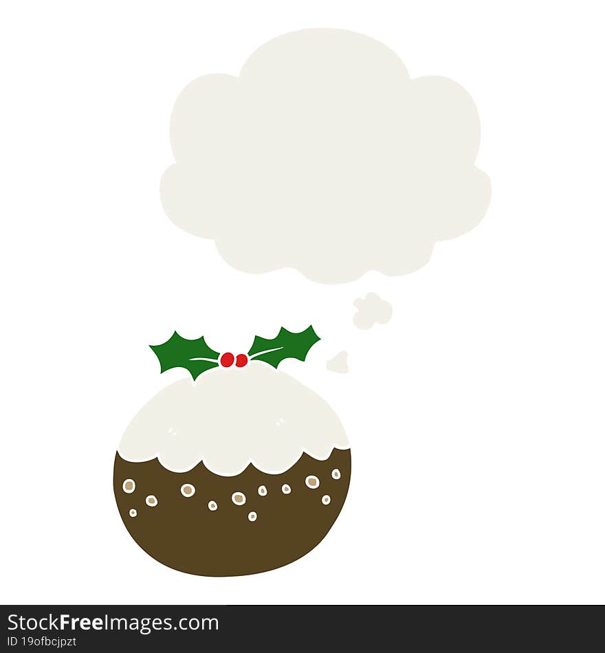 cartoon christmas pudding and thought bubble in retro style