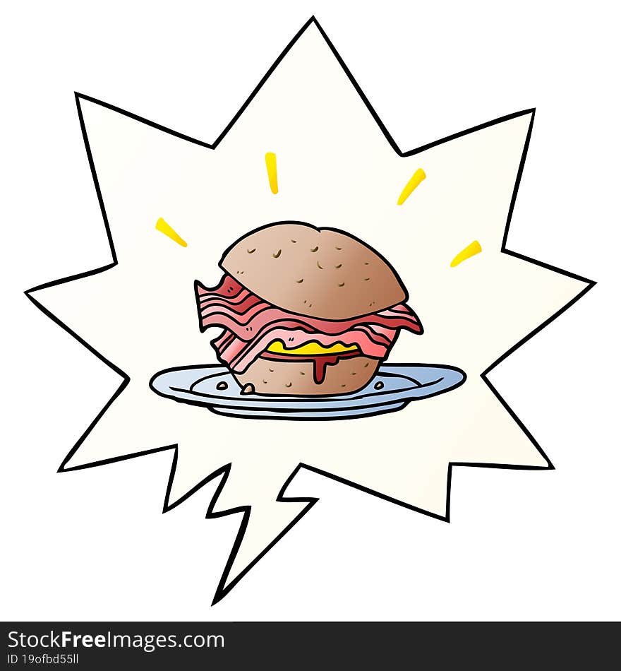 Cartoon Amazingly Tasty Bacon Breakfast Sandwich And Cheese And Speech Bubble In Smooth Gradient Style