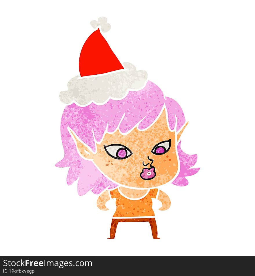 pretty retro cartoon of a elf girl wearing santa hat