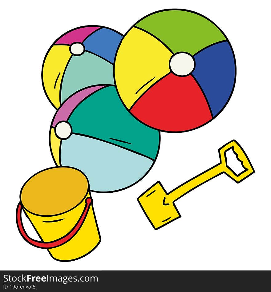 hand drawn cartoon doodle beach balls with a bucket and spade