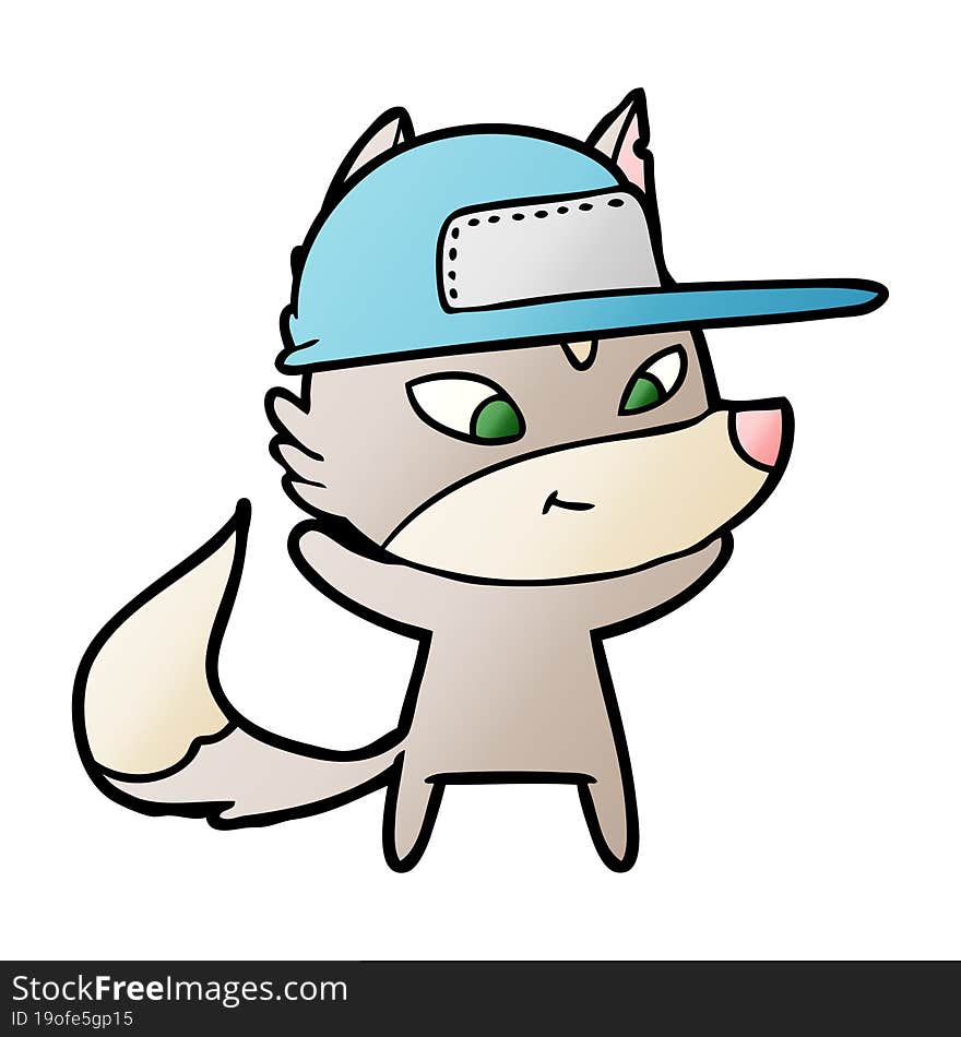 friendly cartoon wolf wearing trucker cap. friendly cartoon wolf wearing trucker cap