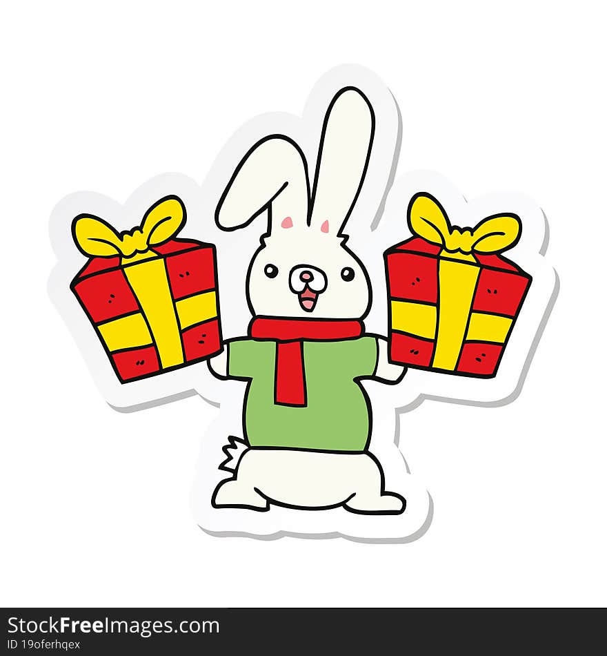 sticker of a cartoon rabbit with christmas presents