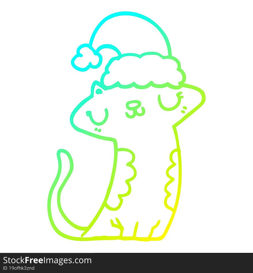 cold gradient line drawing cute cartoon cat wearing christmas hat