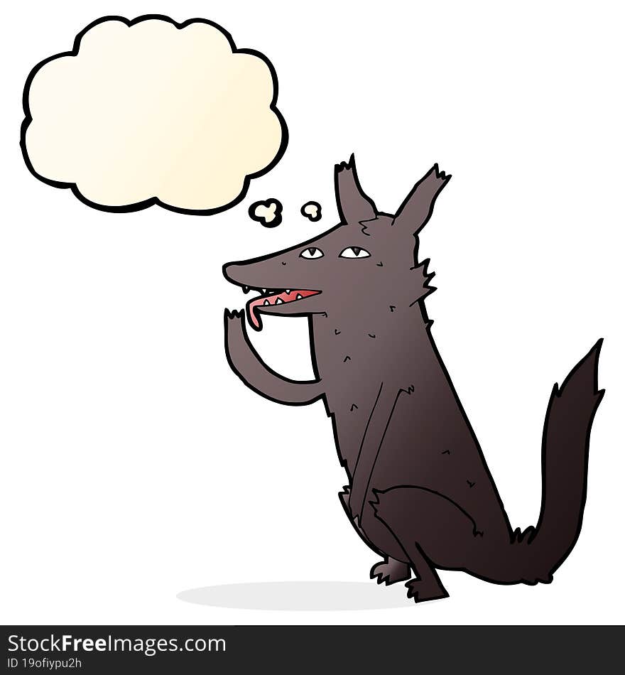 cartoon wolf licking paw with thought bubble