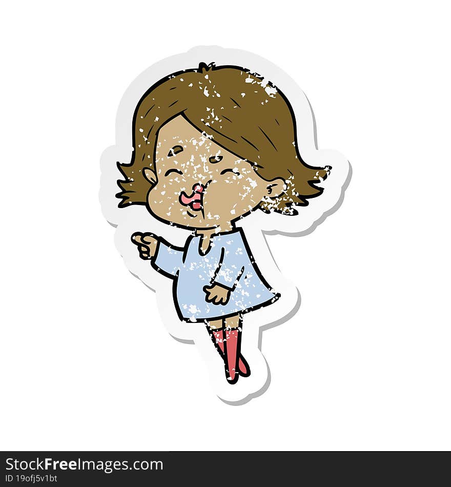 Distressed Sticker Of A Cartoon Girl Pulling Face