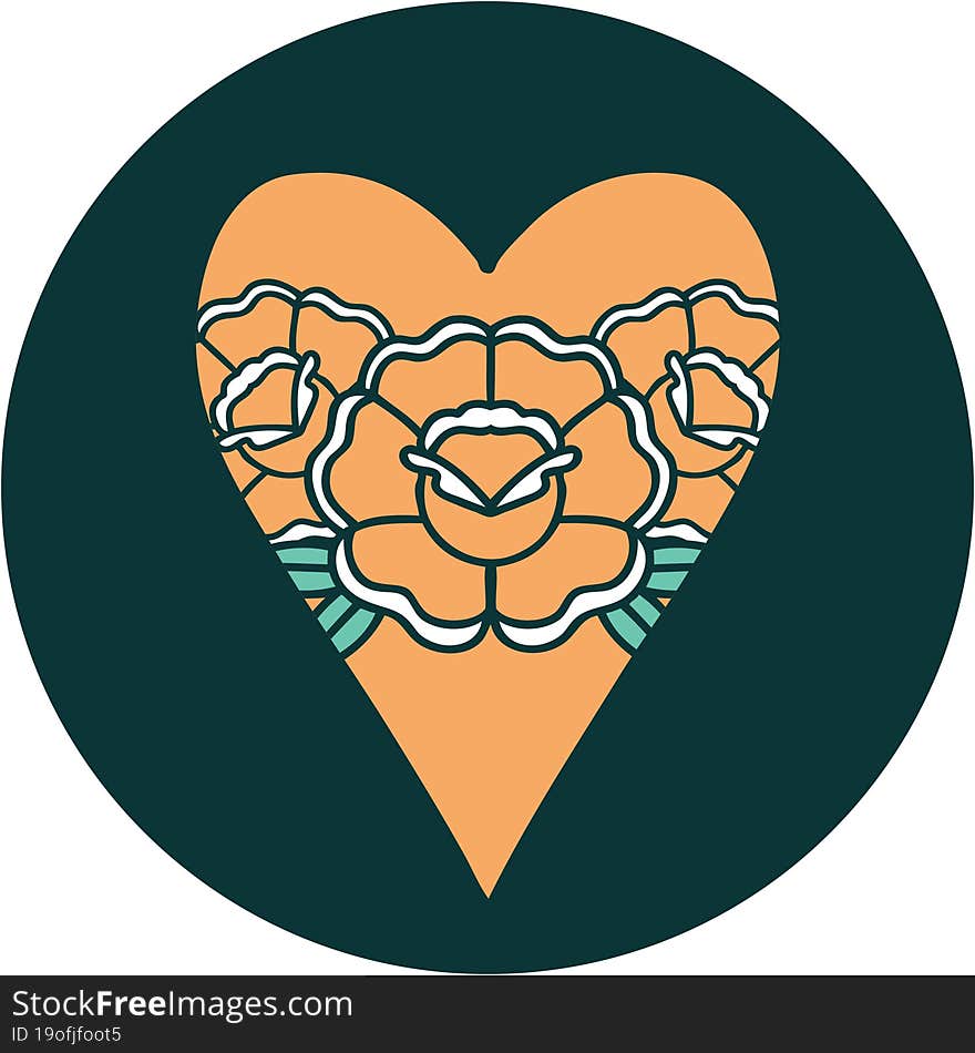 iconic tattoo style image of a heart and flowers. iconic tattoo style image of a heart and flowers