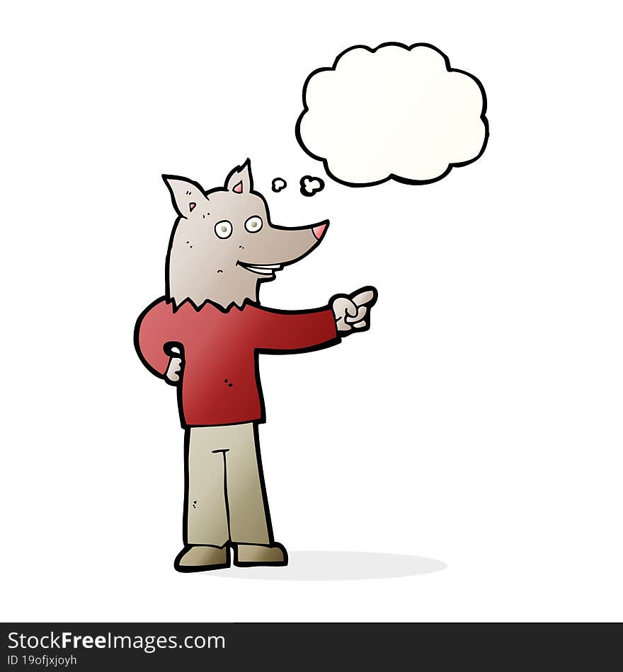 Cartoon Wolf Man Pointing With Thought Bubble