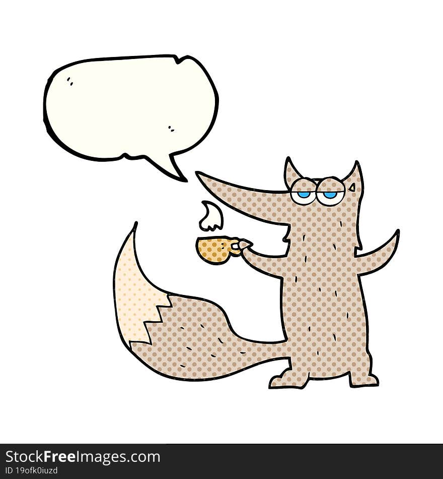 comic book speech bubble cartoon wolf with coffee cup