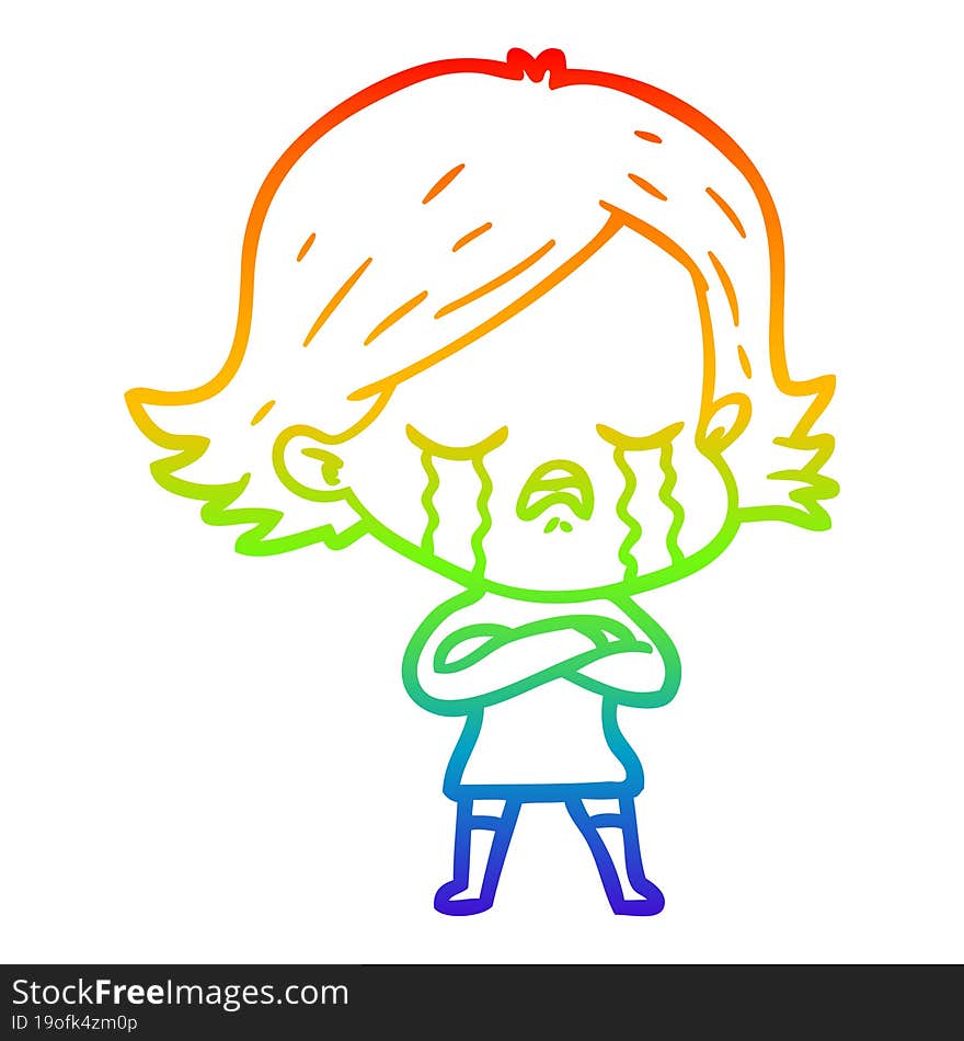 rainbow gradient line drawing of a cartoon girl crying