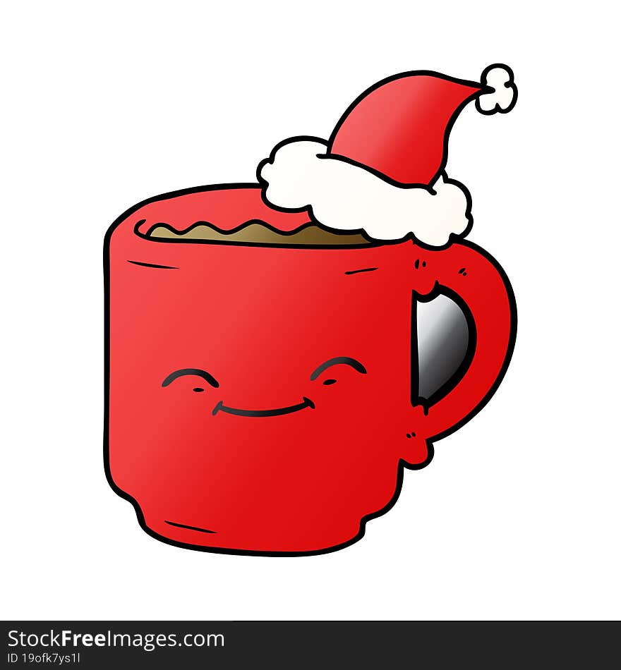 hand drawn gradient cartoon of a coffee mug wearing santa hat