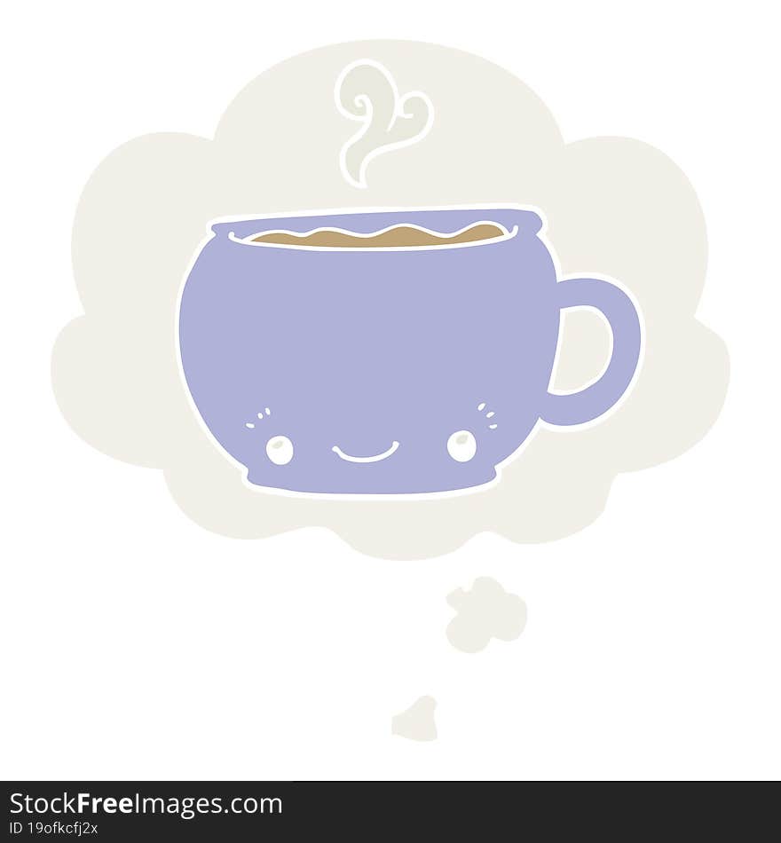 cartoon hot cup of coffee with thought bubble in retro style