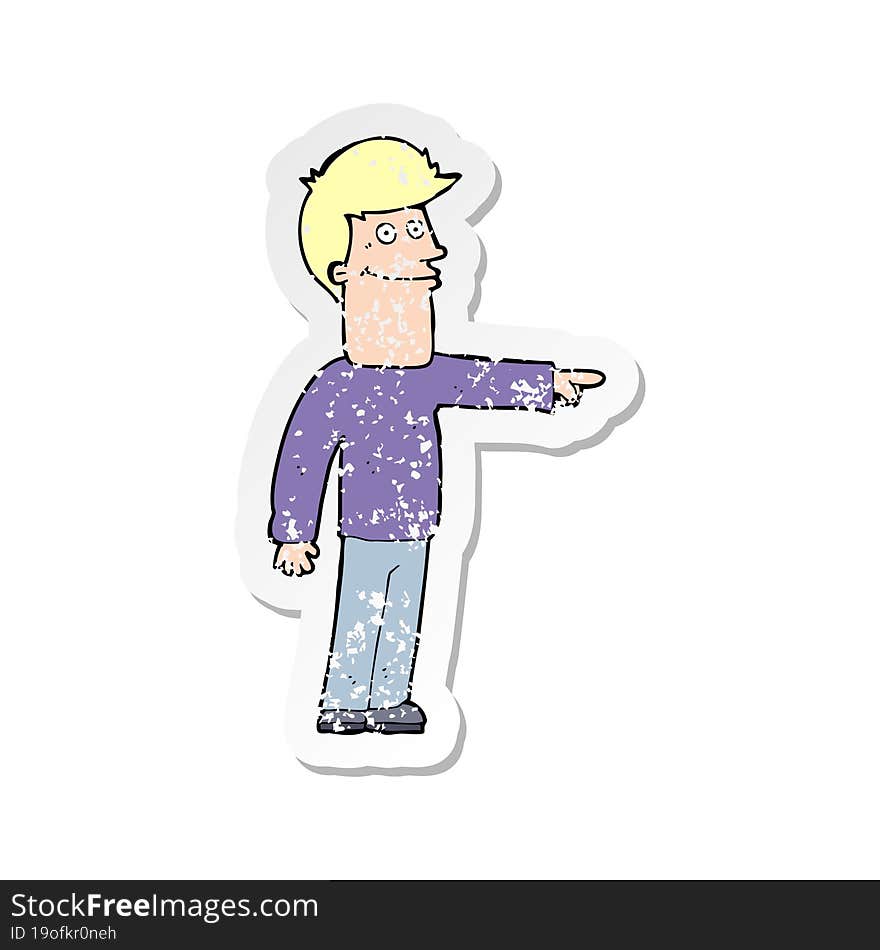 retro distressed sticker of a cartoon man pointing