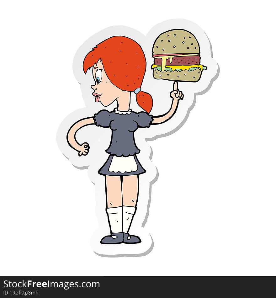 sticker of a cartoon waitress serving a burger