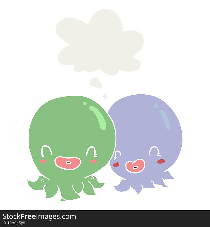 two cartoon octopi  and thought bubble in retro style