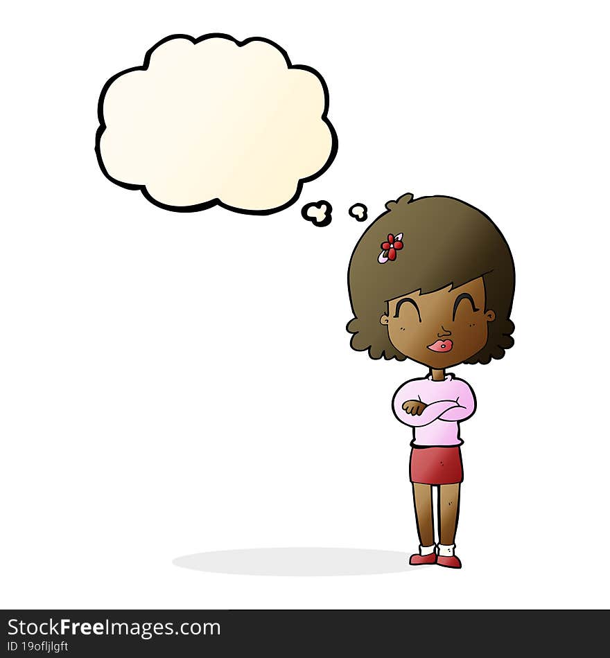 cartoon happy woman with folded arms with thought bubble