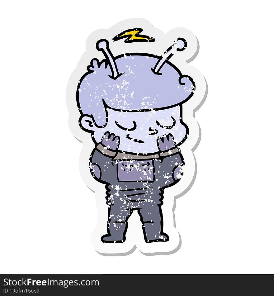 distressed sticker of a bashful cartoon spaceman