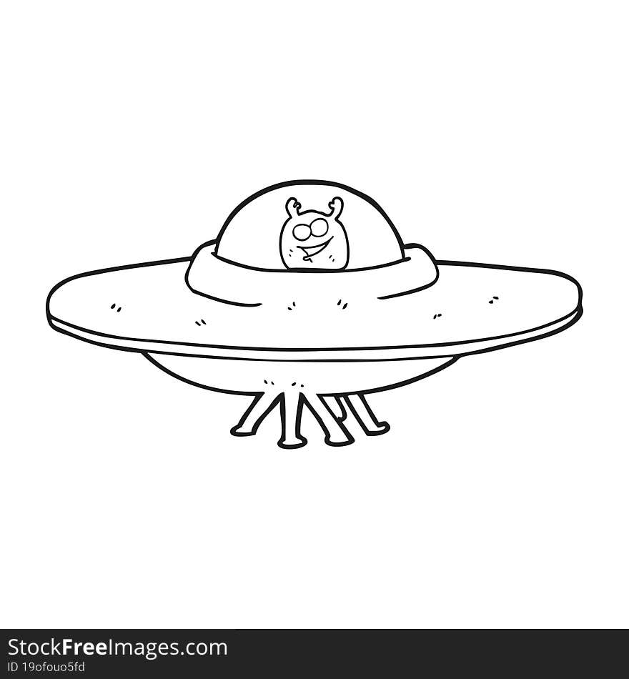 freehand drawn black and white cartoon flying saucer