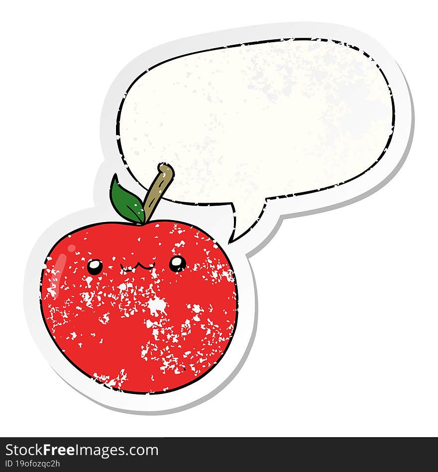 cartoon cute apple with speech bubble distressed distressed old sticker. cartoon cute apple with speech bubble distressed distressed old sticker