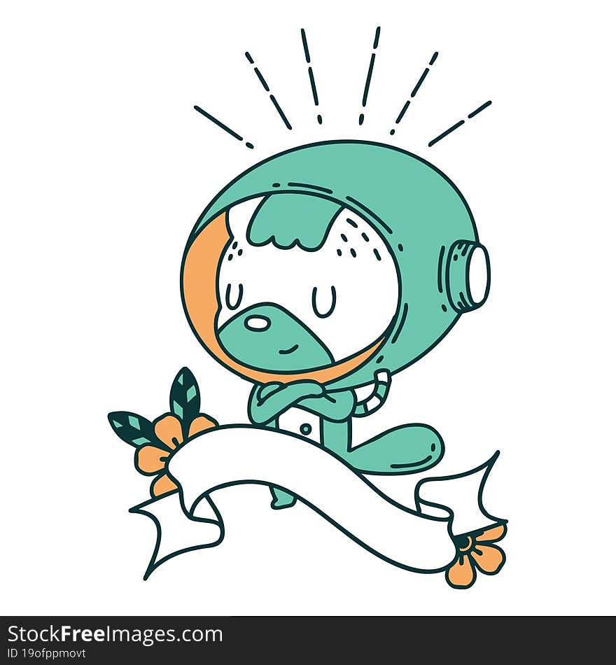 scroll banner with tattoo style animal in astronaut suit