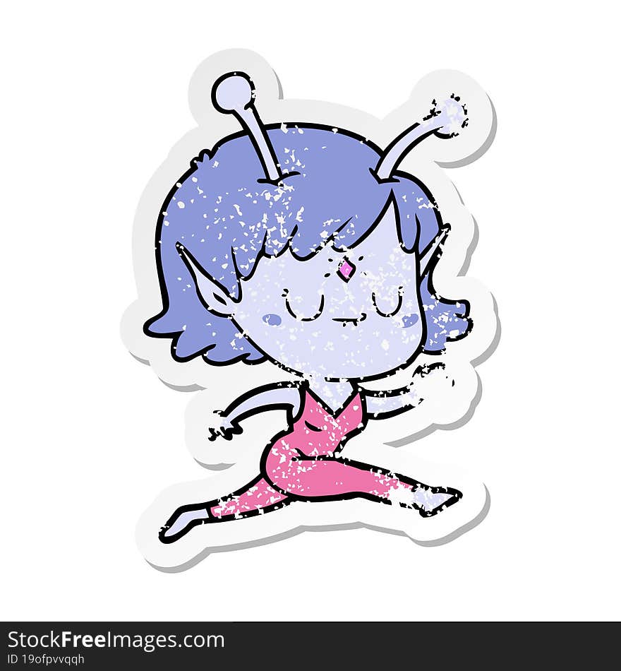 distressed sticker of a cartoon alien girl jumping