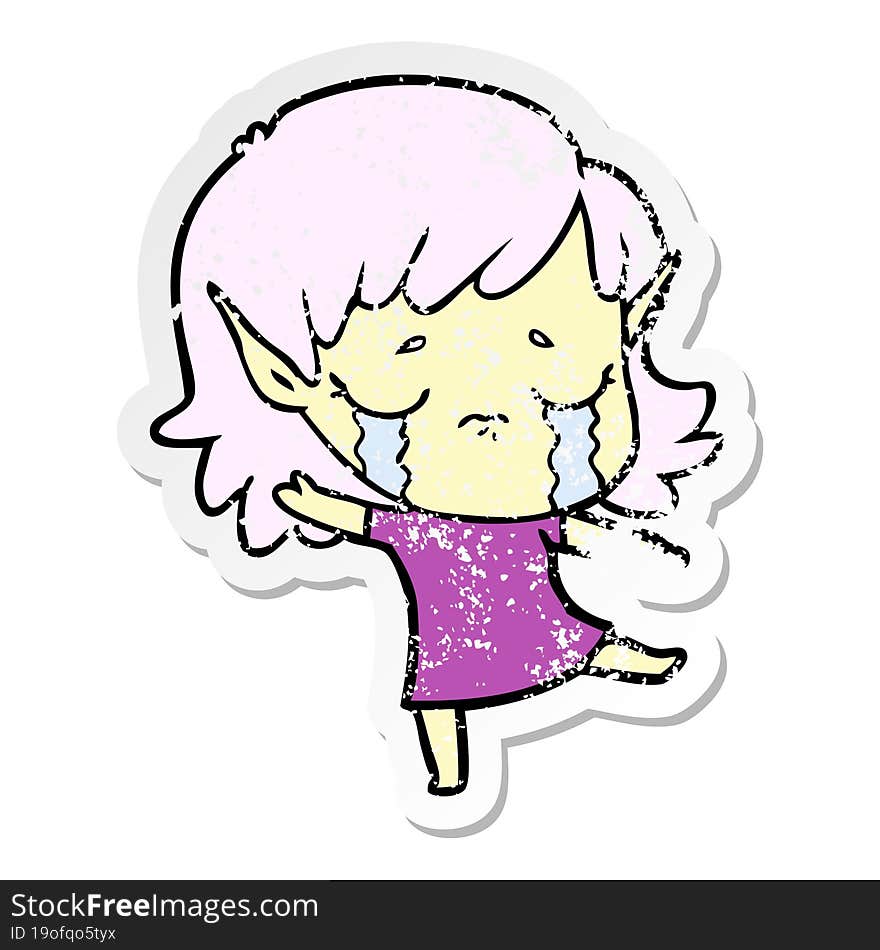 distressed sticker of a cartoon crying elf girl