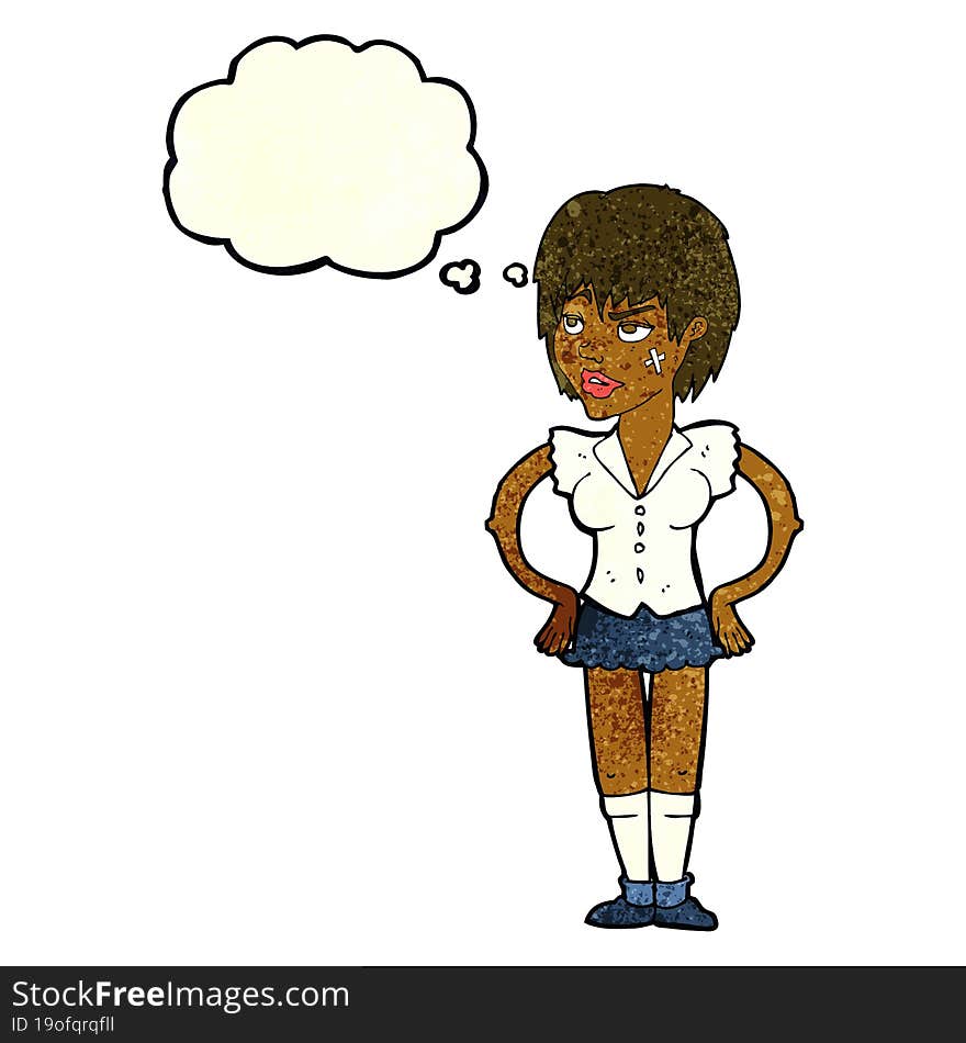 cartoon tough woman with hands on hips with thought bubble