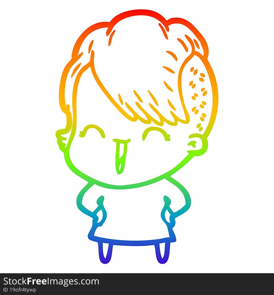 rainbow gradient line drawing of a cartoon happy hipster girl