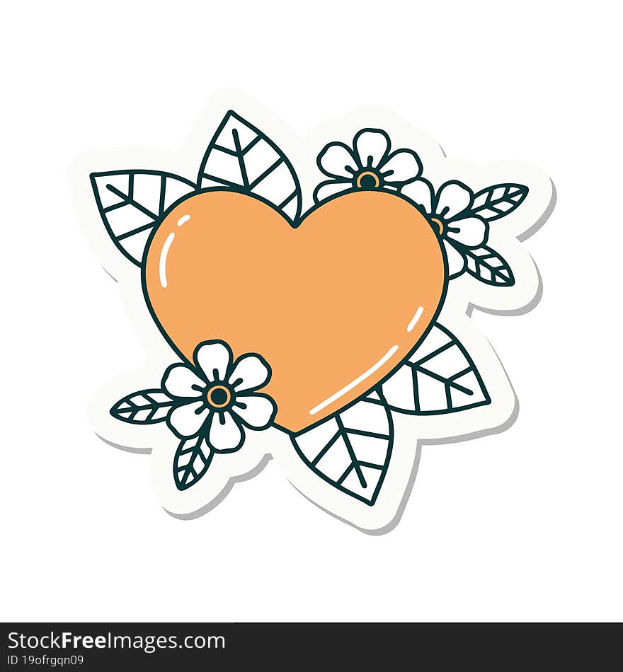 sticker of tattoo in traditional style of a botanical heart. sticker of tattoo in traditional style of a botanical heart