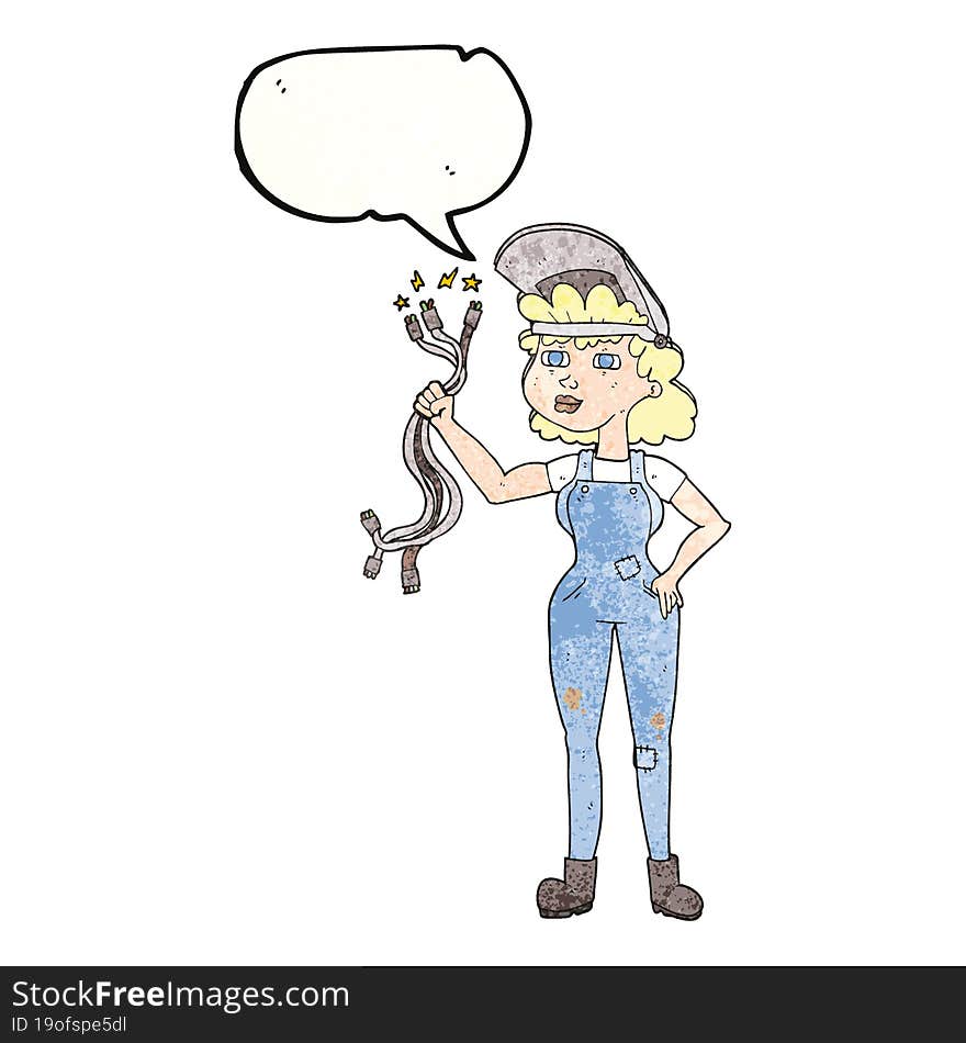 freehand speech bubble textured cartoon electrician woman