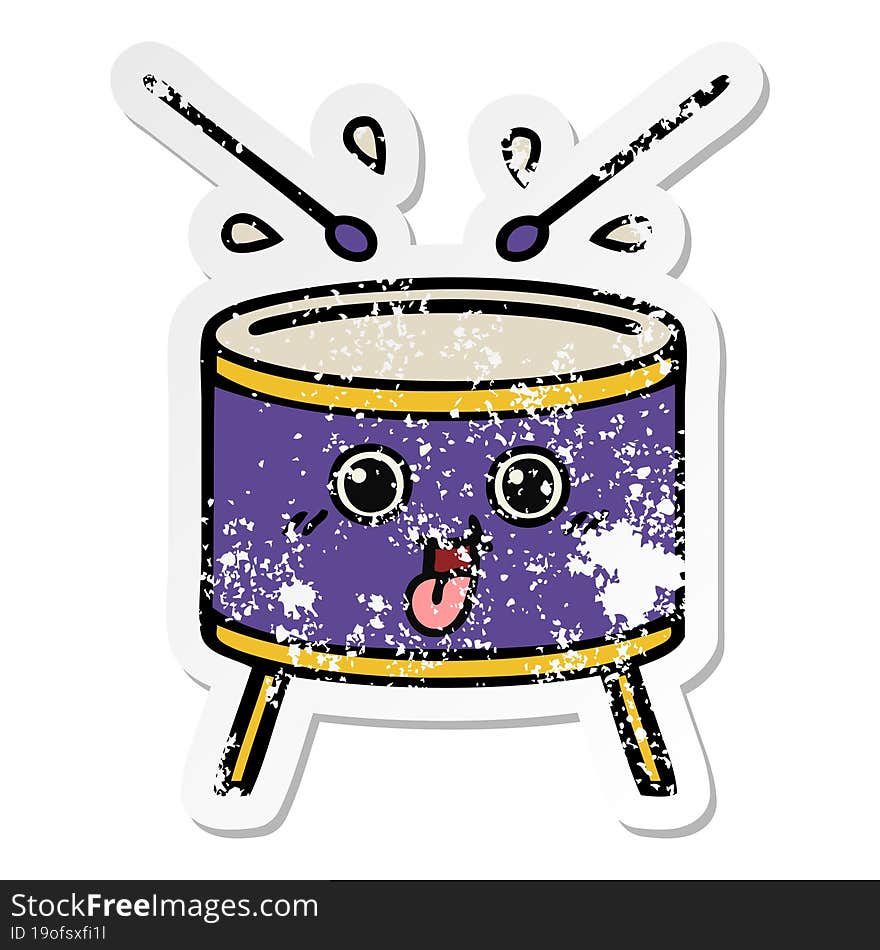 distressed sticker of a cute cartoon drum