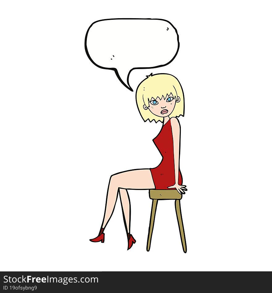 cartoon woman sitting on stool with speech bubble