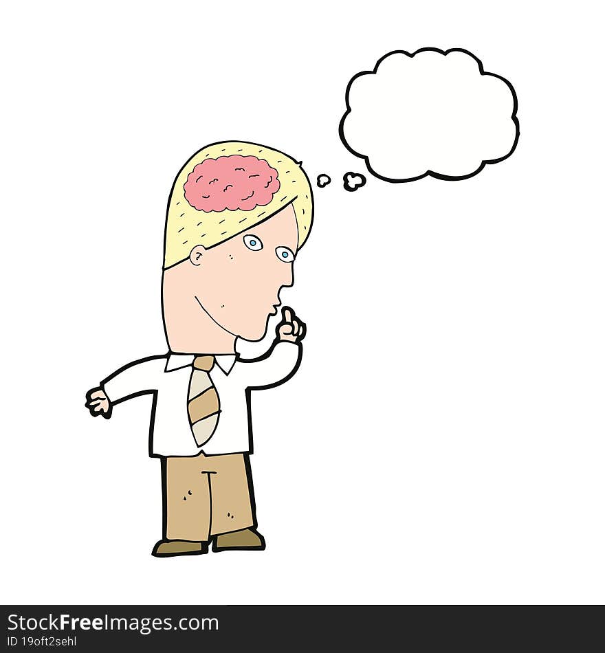 cartoon businessman with huge brain with thought bubble